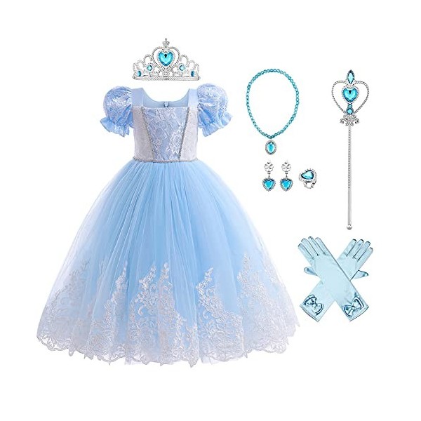 IBAKOM Enfant Fille Robe Princesse Cendrillon Cosplay Tenues Carnaval Halloween Noël Anniversaire Fête Jouer un rôle Gants Ba