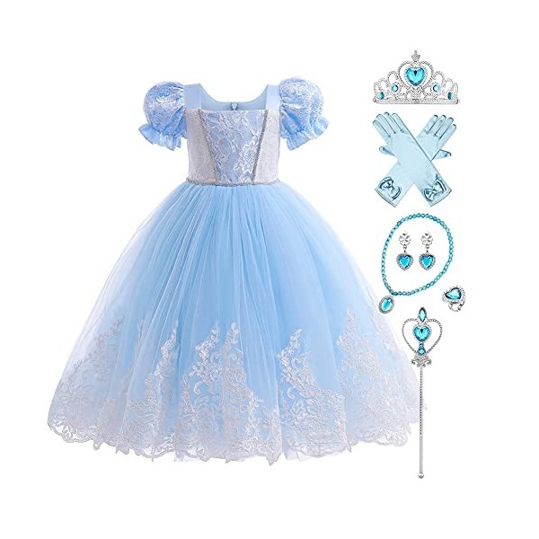 IBAKOM Enfant Fille Robe Princesse Cendrillon Cosplay Tenues Carnaval Halloween Noël Anniversaire Fête Jouer un rôle Gants Ba