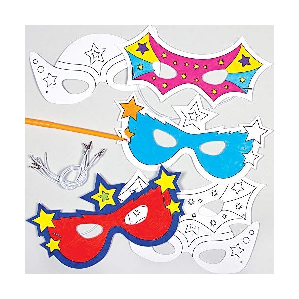 Baker Ross Masques Super-Héros à colorier - Idéal pour le carnaval, Blanc, 25 cm Lot de 6 & Mini-autocollants holographiques