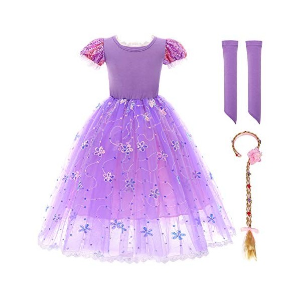 IMEKIS Filles Raiponce Costume Princesse Mardi Gras Déguisement Halloween Carnaval Cosplay Robe avec Perruque Tressée Bandeau