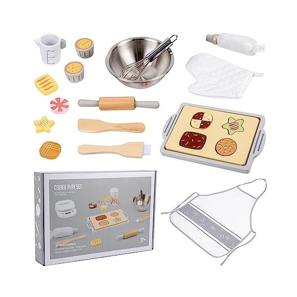 Surakey Accessoire Cuisine en Bois Enfant, Jouets de Cuisson de Biscuits, Cuisine Enfant en Acier Inoxydable, Tablier et Gant