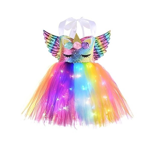 inhzoy Enfant Déguisement de Licorne Princesse Fée pour Fille Tutu Robe avec Lumières Brillant + Bandeau de Licorne Halloween