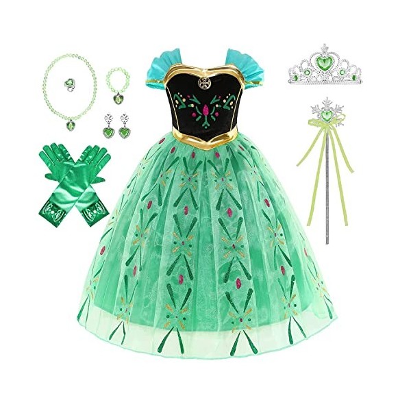 Robe de princesse Anna pour fille - Costume de princesse pour cosplay, carnaval, Noël, fête danniversaire 130 à 5-6 ans 