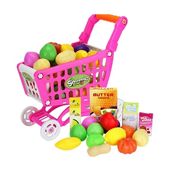 Xiang Ru Jeu dImitation Enfant Chariot de Supermarché avec 16Pcs Accessoire Aléatoire Rose