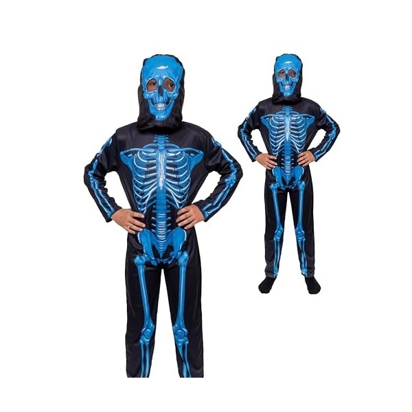 Magicoo Costume de squelette X-Ray bleu pour enfant garçon avec combinaison et masque - Taille 92 à 140 - Costume de squelett