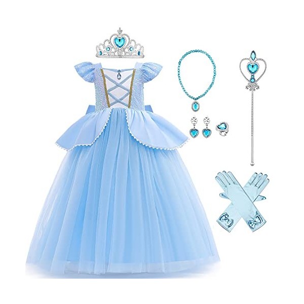 IMEKIS Filles Cendrillon Aurore Costume Princesse Fantaisie Halloween Carnaval Cosplay Habiller Robe en Tulle à Volants Fleur