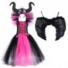 IMEKIS Enfant Filles Princesse Maléfique Costume Halloween Méchante Reine Habiller Fantaisie Robe en Tulle Avec Corne et Aile