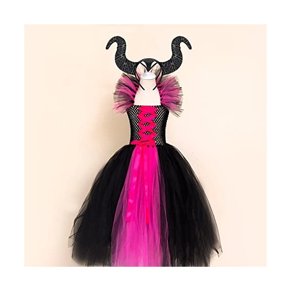 IMEKIS Enfant Filles Princesse Maléfique Costume Halloween Méchante Reine Habiller Fantaisie Robe en Tulle Avec Corne et Aile