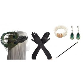 MIMIKRY Lot de 100 B - Motif paon - Bandeau - Gants - Figarette - Bracelet de perles - Boucles doreilles - Charleston