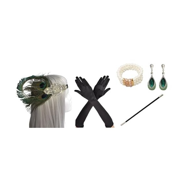 MIMIKRY Lot de 100 B - Motif paon - Bandeau - Gants - Figarette - Bracelet de perles - Boucles doreilles - Charleston