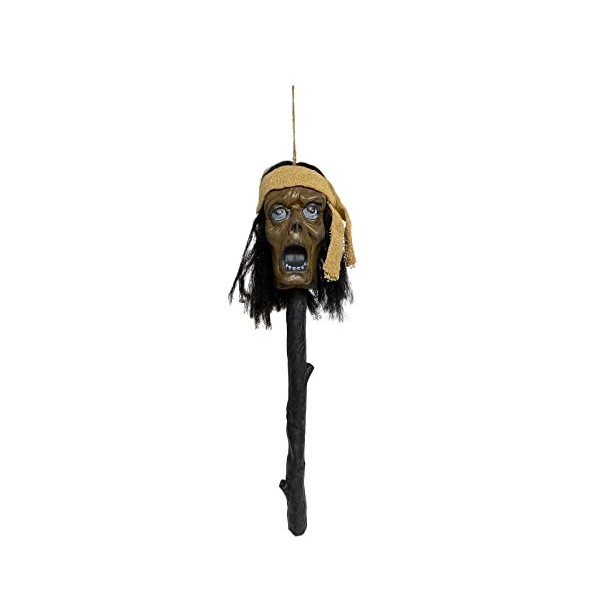 MIMIKRY Voodoo Zepter Tête thermorétractable avec cheveux et bandeau sur branche Trophée Chasseur de tête Tsantsa Shaman Hall