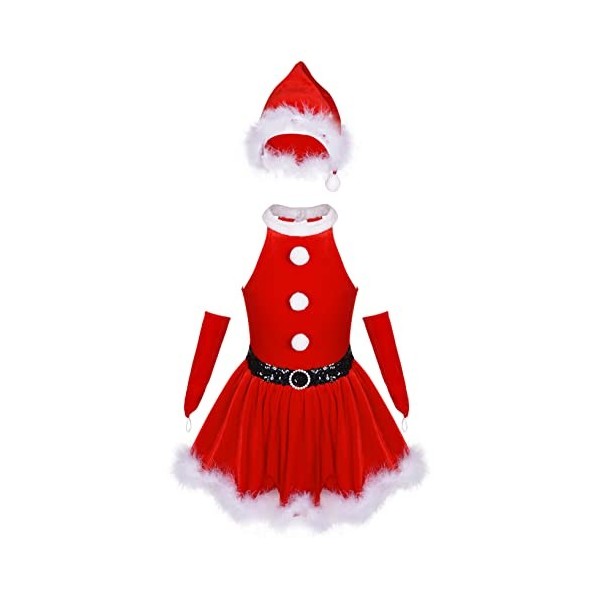 Oyolan Enfant Fille Déguisement Lutin de Noël Robe Velours/Paillette Costume Noël Tenue Cosplay Mère Noël Spectacle 3-14 Ans 