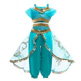 AISHANGYIDE Fille Deguisement Princesse Jasmine, Robe de Aladdin Princesse avec Perruque Bandeau Accessoires, Enfants Anniver