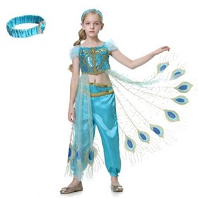 Lito Angels Deguisement Robe de Princesse Jasmine pour Enfants Filles, Ensemble Haut avec Cape de Paon, Pantalon et Bandeau, 