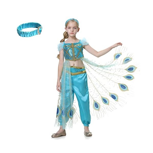 Lito Angels Deguisement Robe de Princesse Jasmine pour Enfants Filles, Ensemble Haut avec Cape de Paon, Pantalon et Bandeau, 