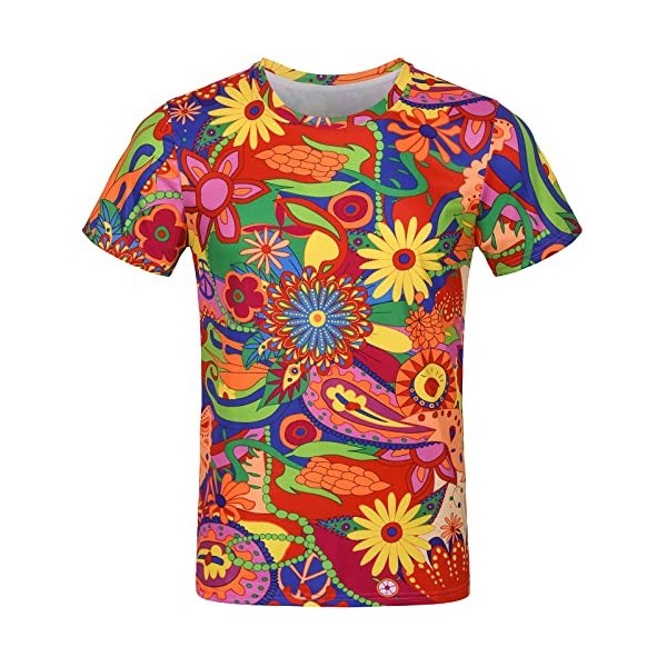 COSAVOROCK Costume Années 60s 70s Rétro Hippie T-Shirts pour Homme Multicolore Floral XL