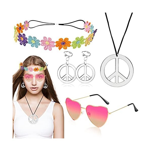 RANJIMA Ensemble de costume hippie années 60 rétro signe de paix avec collier et bandeau de tournesol, lunettes de soleil, ac