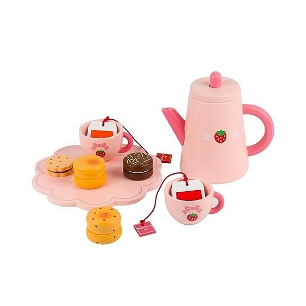 Service à thé Fille Jouets en Bois Plateau de Café/Thé Ensemble, Jouets à Dessert pour Enfants, Jeux de Rôle Jouet Princesse,