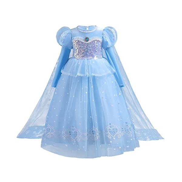 Robe Princesse Fille Elsa Déguisement avec Couronne Princesse Collier Ensemble Jupe Tulle Longue Robe Elsa Reine des Neiges p