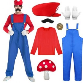Costume Mario et Luigi Enfant Adulte Casquette Gants Moustache Deguisement Mario Bros Accessoires Cosplay Halloween Carnaval 
