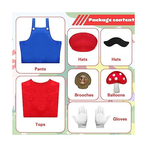 Costume Mario et Luigi Enfant Adulte Casquette Gants Moustache Deguisement Mario Bros Accessoires Cosplay Halloween Carnaval 