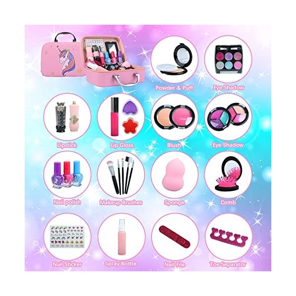 Maquillage Enfant Jouet Fille, Lavable Maquillage Petite Fille avec Malette Maquillage Enfant Make Up Set Cadeau de Anniversa