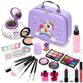Kit de Maquillage pour Enfants Fille, Lavables Véritable Ensemble de Maquillage Jouets Beauté avec Cosmétique Sac pour Préten