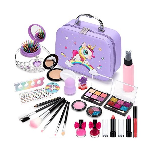 Kit de Maquillage pour Enfants Fille, Lavables Véritable Ensemble de Maquillage Jouets Beauté avec Cosmétique Sac pour Préten