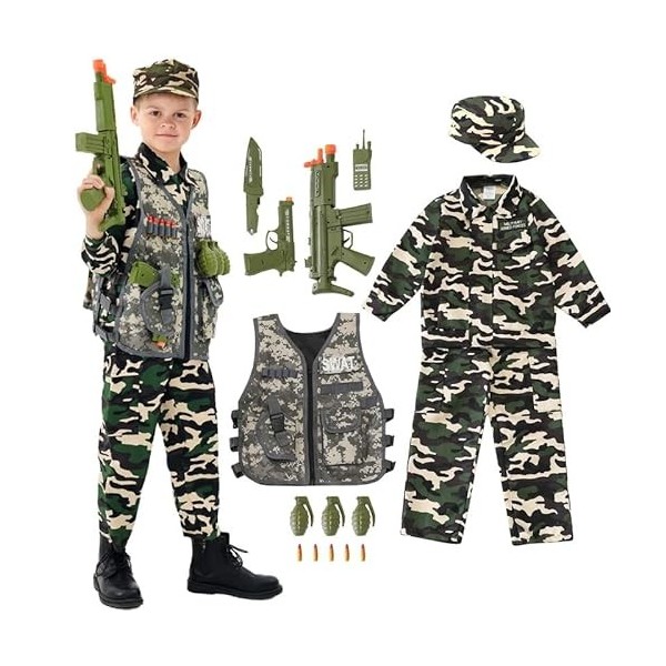 Udekit Deluxe Armée Uniforme Cosplay Costume Soldat Tenues avec Uniforme, Gilet Tactique, Fusils, Pistolets, Grenade, Sabre, 