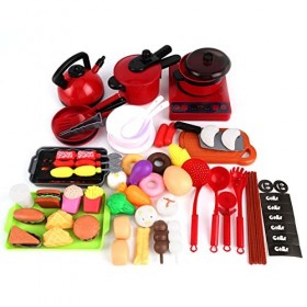 Accessoire Cuisine Enfant, 61 Pièces Dinette Enfant Jouet, Jouet de Simulation de Nourriture, Ensemble de Batterie de Cuisine