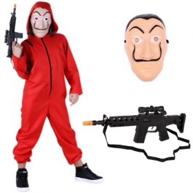 Costume rouge + masque + fusil, Cambriolage, Attaque de la Monnaie espagnole, Unisexe, Halloween, Carnaval, Cosplay, Unisexe,