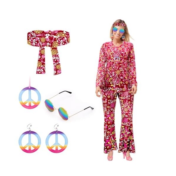 EUBSWA Lot de 5 vêtements hippie pour femme - Haut des années 60 et 70 - Pantalon évasé - Costume hippie pour fille - Tenue d