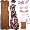 AOTHSO Costume hippie des années 70 pour femme comprenant un gilet à franges, un sac, un pantalon, un bandeau, un signe de pa