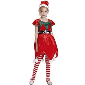 IKALI Elfes de Noël Costumes Filles Aides du père Noël Costumes de Fantaisie pour Enfants avec Bas et Chapeaux de Noël 8-10 A