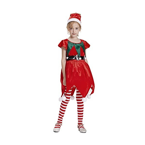 IKALI Elfes de Noël Costumes Filles Aides du père Noël Costumes de Fantaisie pour Enfants avec Bas et Chapeaux de Noël 8-10 A