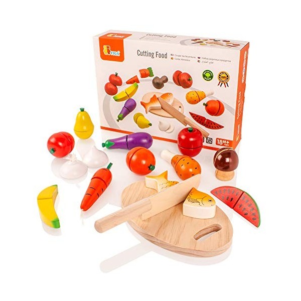 VIGAtoys- Viga-Lebensmittel-Schneide-Set aus Holz Kit de découpe Alimentaire en Bois, Multicolore