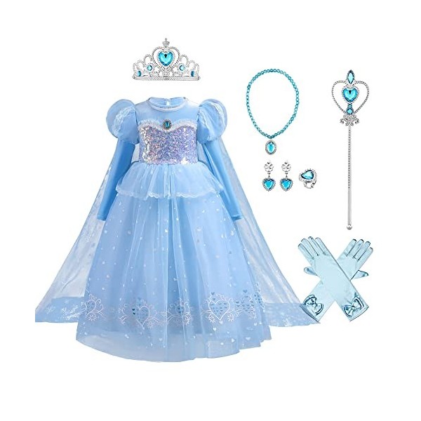 Robe Princesse Fille Elsa Déguisement avec Couronne Princesse Collier Ensemble Jupe Tulle Longue Robe Elsa Reine des Neiges p