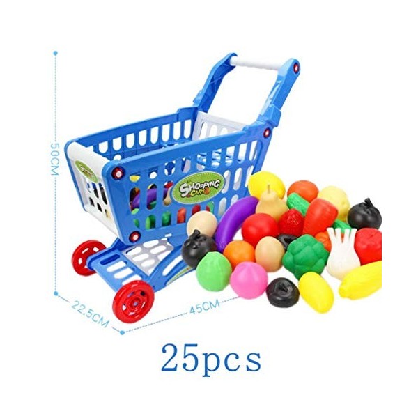 COMVIP Jeux dImitation-Caddies Chariot Supermarché pour Enfant 25pcs Légume Fruit Hasard Bleu B 45*22.5*50cm