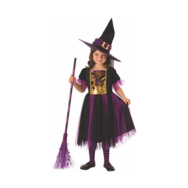 Rubies Déguisement sorcière magique pour fille, robe dorée et violette avec chapeau, officiel Rubies pour Halloween, carnaval