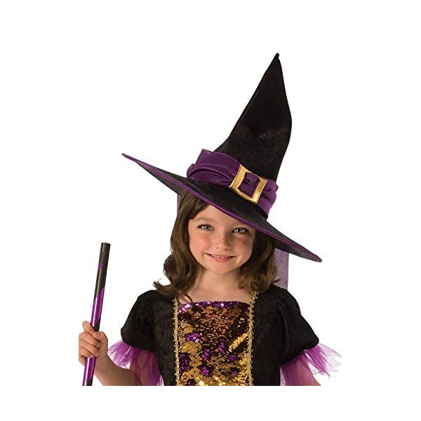 Rubies Déguisement sorcière magique pour fille, robe dorée et violette avec chapeau, officiel Rubies pour Halloween, carnaval