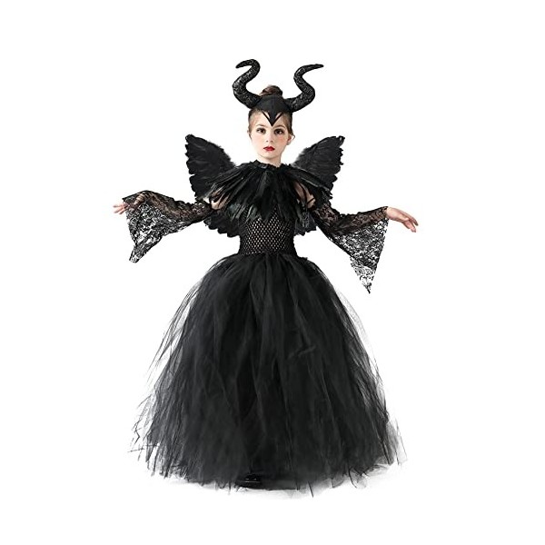 IBAKOM Enfants Filles Costume Sorcière Cosplay Halloween Carnaval Déguisements Corne Bandeau Plume Ailes Tenues Ensemble Noir