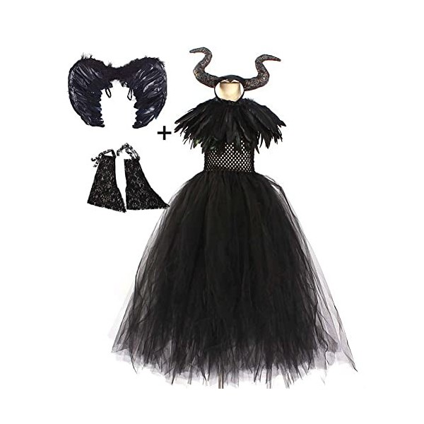 IBAKOM Enfants Filles Costume Sorcière Cosplay Halloween Carnaval Déguisements Corne Bandeau Plume Ailes Tenues Ensemble Noir