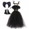 IBAKOM Enfants Filles Costume Sorcière Cosplay Halloween Carnaval Déguisements Corne Bandeau Plume Ailes Tenues Ensemble Noir