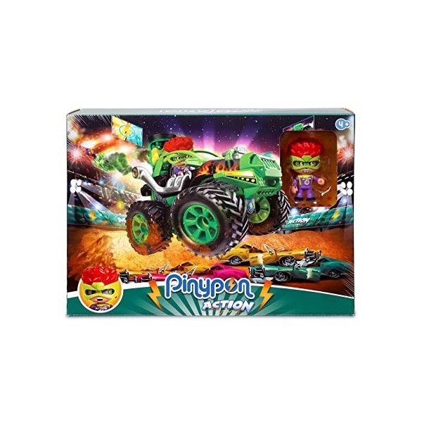 Pinypon Ation - Wild Big Foot Racing, jouets daction, voiture de course tout-terrain, roues amortissantes, figurine Pinypon 