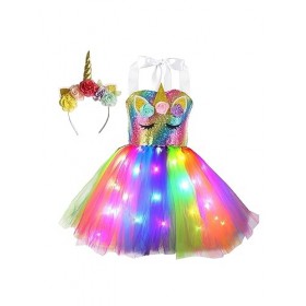 JanJean Robe Tutu De Princesse Licorne Fille Avec Lumière Brillante Deguisement Licorne Costume Carnaval Scène Anniversaire F