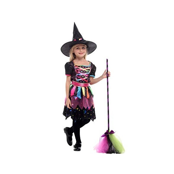 JOYFEJRE Costume pour enfant - Robe de sorcière - Pour fille - Costume de sorcière - Pour Halloween - Carnaval - Multicolore 