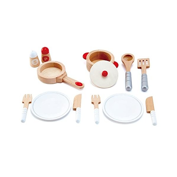 Hape Set de Service Cuisine Blanc - Casserole, Pot en Bois, Assiettes, Couverts - Jeu dImitation Cuisine en Bois - Enfants d