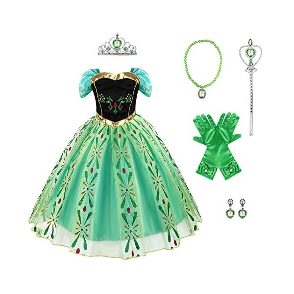 Discoball Robe de princesse Anna pour fille - Costume de costumade pour Halloween, Noël, fête danniversaire ou couronnement,