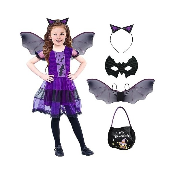ATOWORLD Costume de chauve-souris pour enfant fille 110 116 122 avec ailes de chauve-souris tutu robe masque sac à main serre