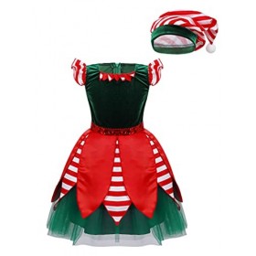 TiaoBug Enfant Fille Déguisement Elfe Noël Costume Mère Noël Santa Robe Lutin Princesse Bretelle Robe à Paillettes Chapeau Pè